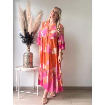 3029 Maxi Jurk Michelle Oranje.Roze